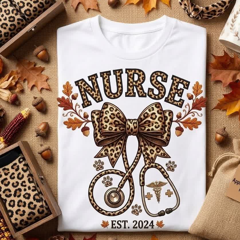 Leopard bow nurse shirt flat lay next to a leopard print gift box, acorns and a small burlap gift bag