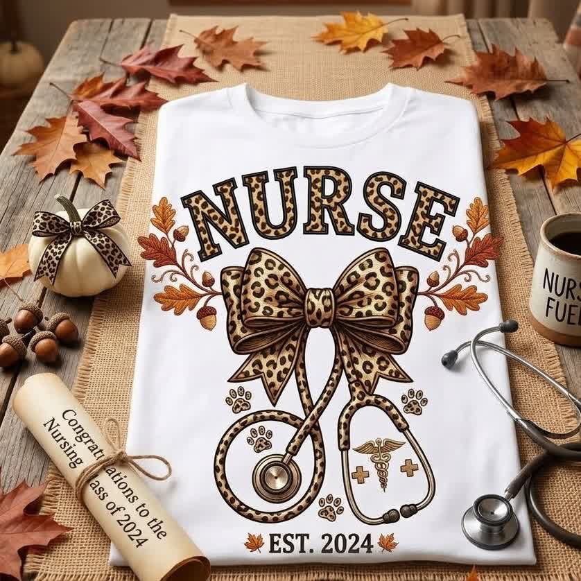 Leopard bow nurse tee folded on a wooden table next to a stethoscope, a rolled graduation scroll and fall leaves