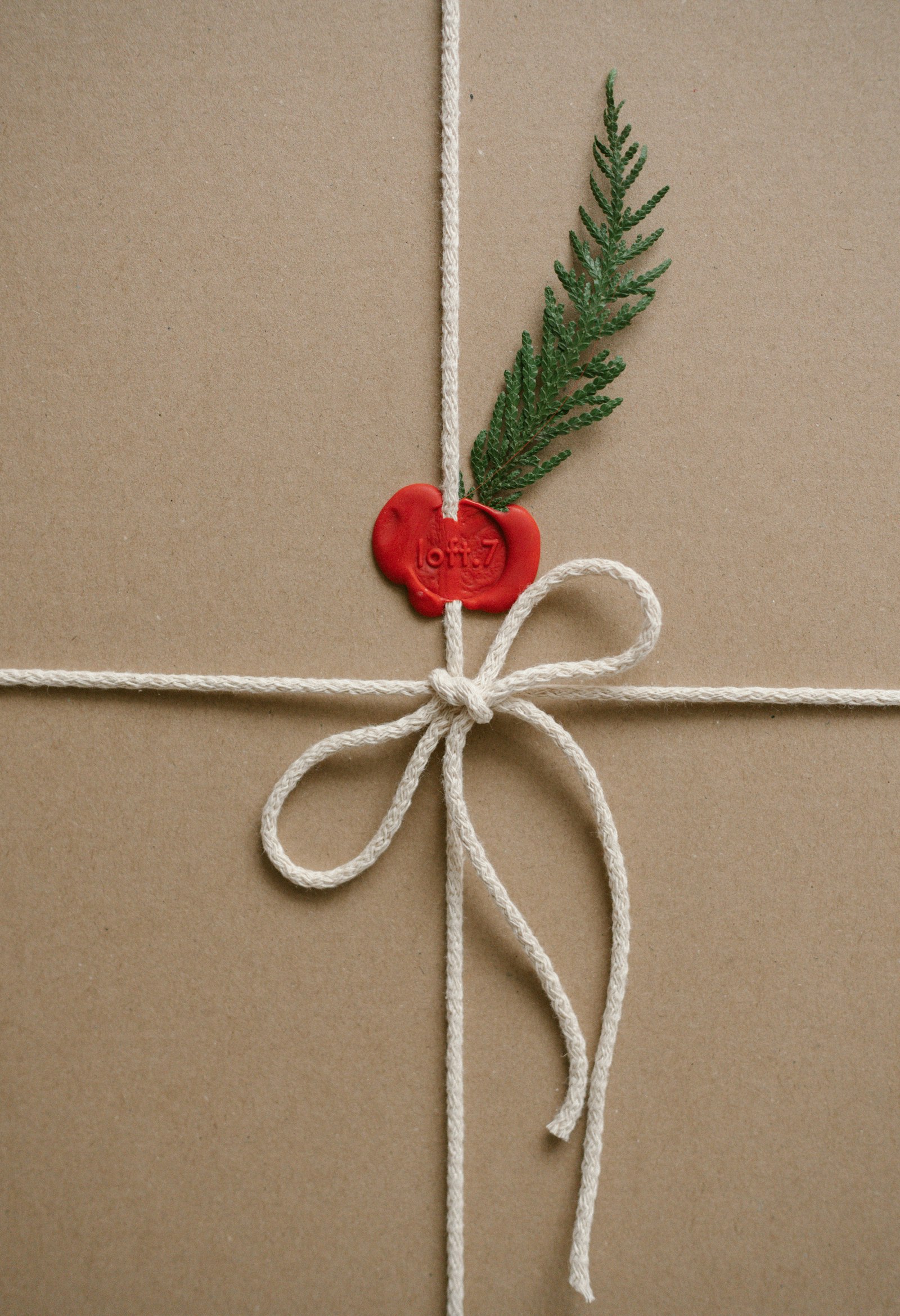Kraft paper wrapped gift tied with white cotton twine bow, red wax seal and a sprig of evergreen, a simple Secret Santa gift under $20