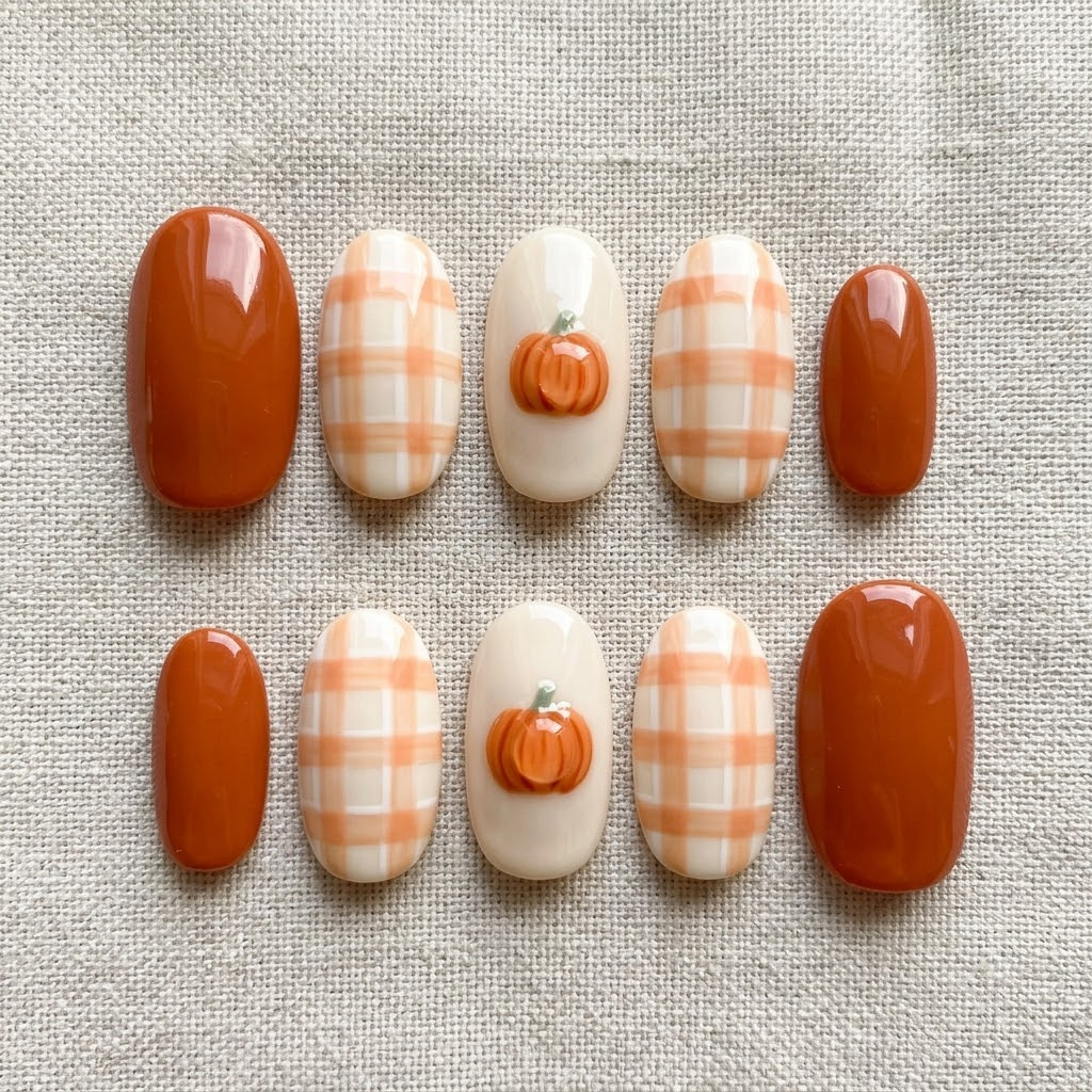 Pumpkin press on nails, oval set of 10 in two mirrored rows