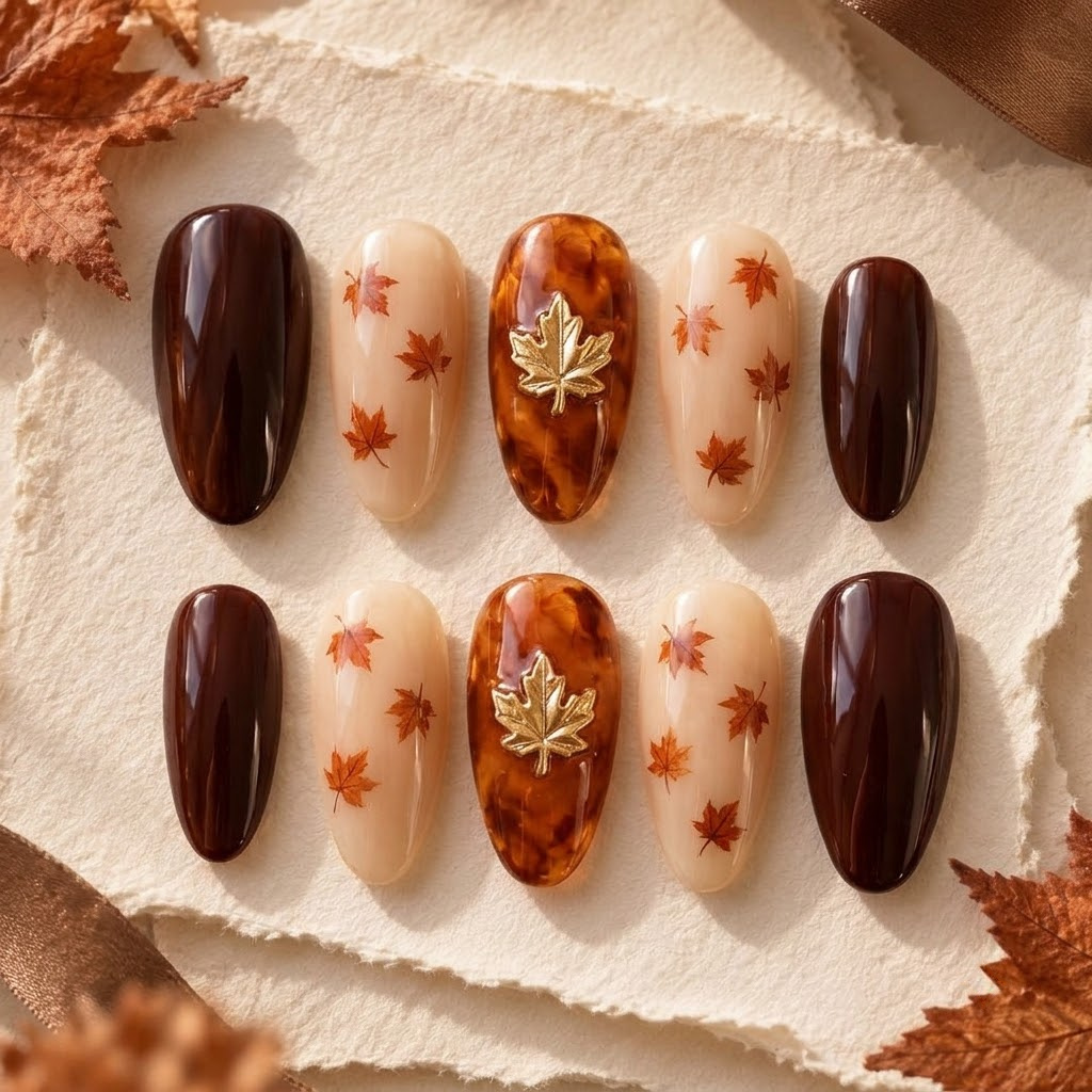 Fall press on nails, almond set of 10 in two mirrored rows