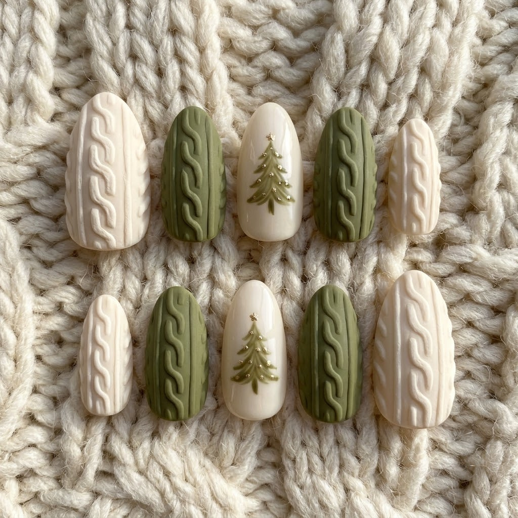 Christmas tree sweater nails, almond set of 10 in two mirrored rows on knit