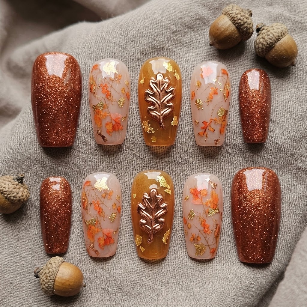 Autumn leaf nails, coffin set of 10 in two mirrored rows with acorns