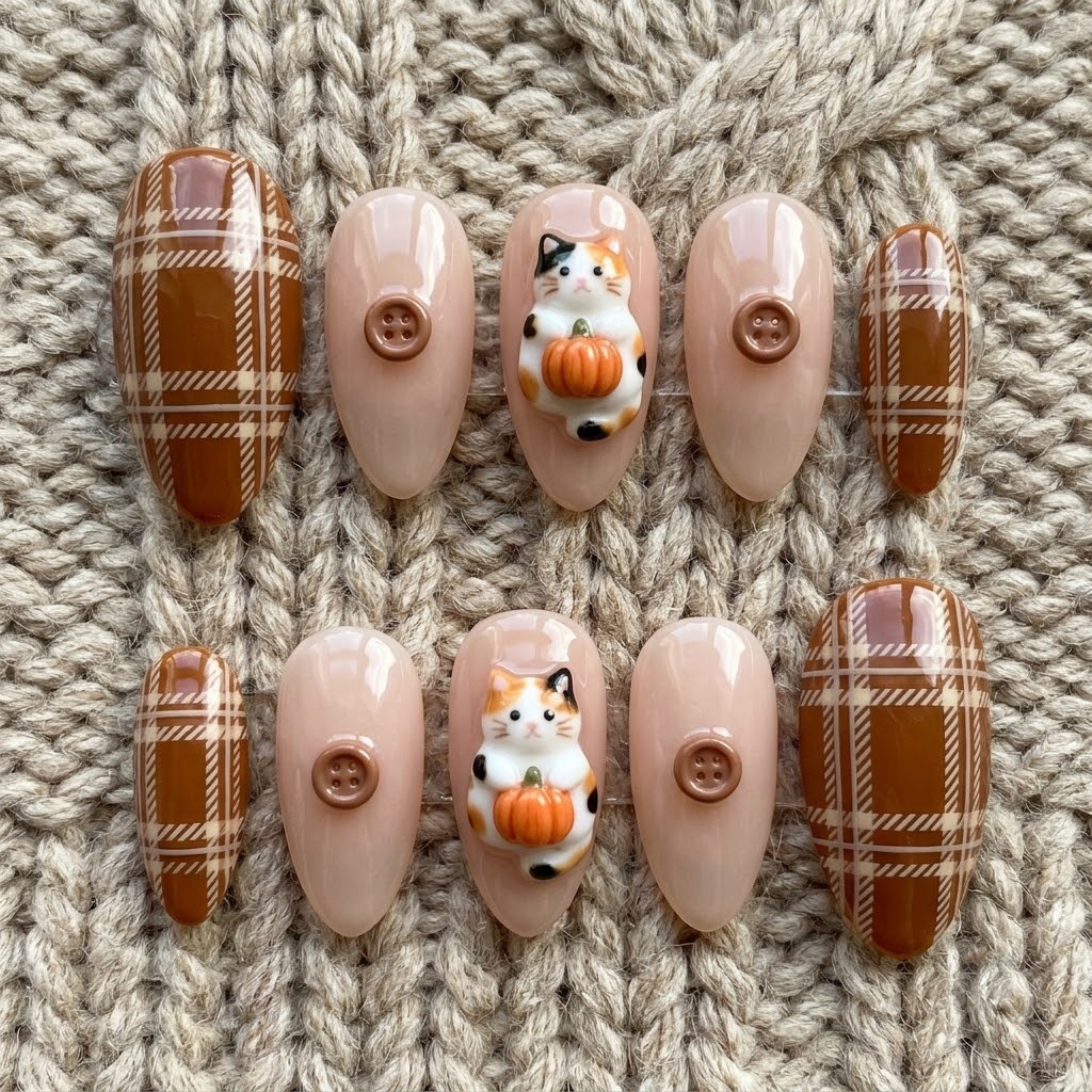 Calico cat nails, almond set of 10 in two mirrored rows on knit