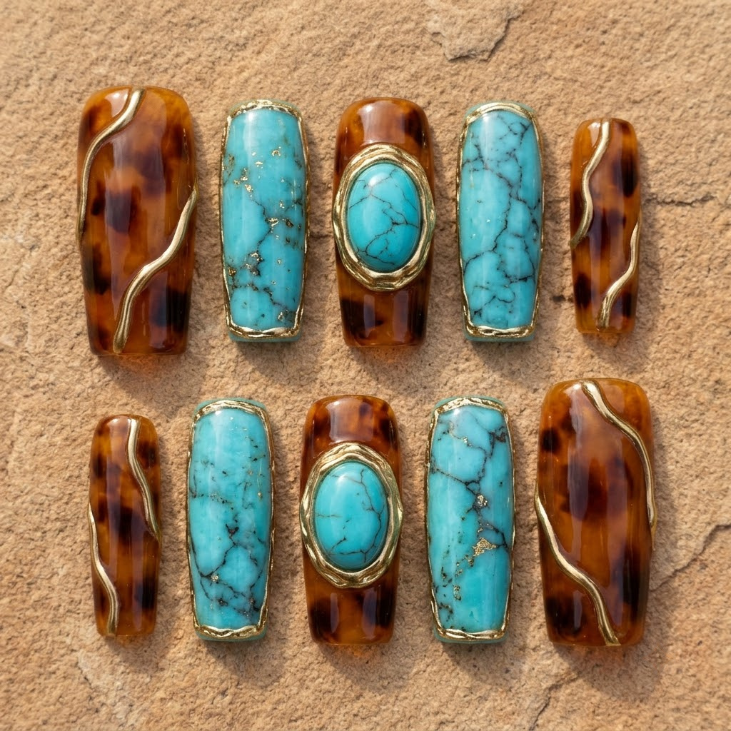 Turquoise tortoiseshell nails, long square set of 10 in two mirrored rows