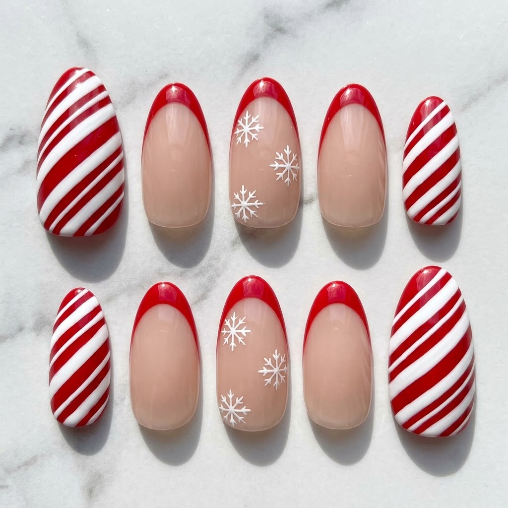Candy cane french tip nails, ten almond nails in two mirrored rows