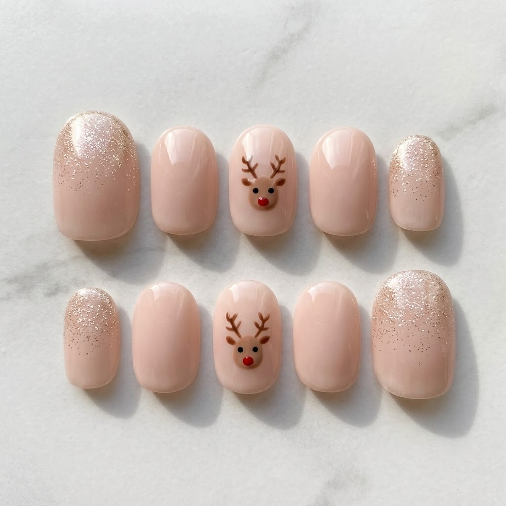 Short christmas nails in milky nude with a reindeer accent, two mirrored rows