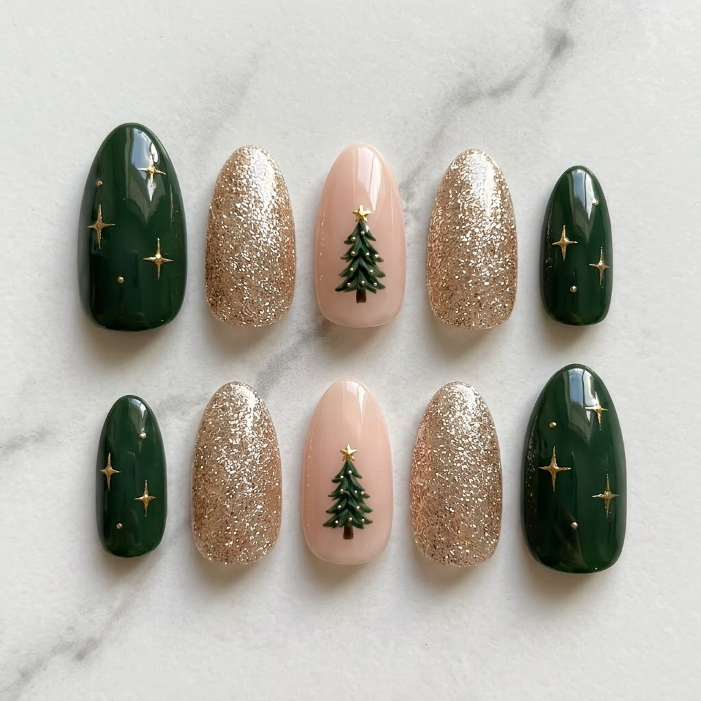 Green gold christmas nails, moss green stars, gold glitter and pine tree, two rows