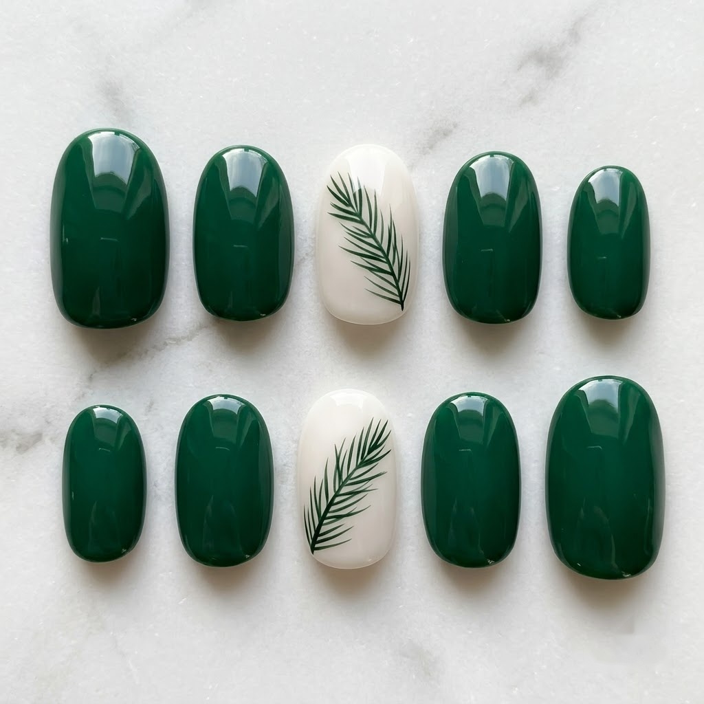 Short christmas nails in emerald green with a pine accent, two mirrored rows
