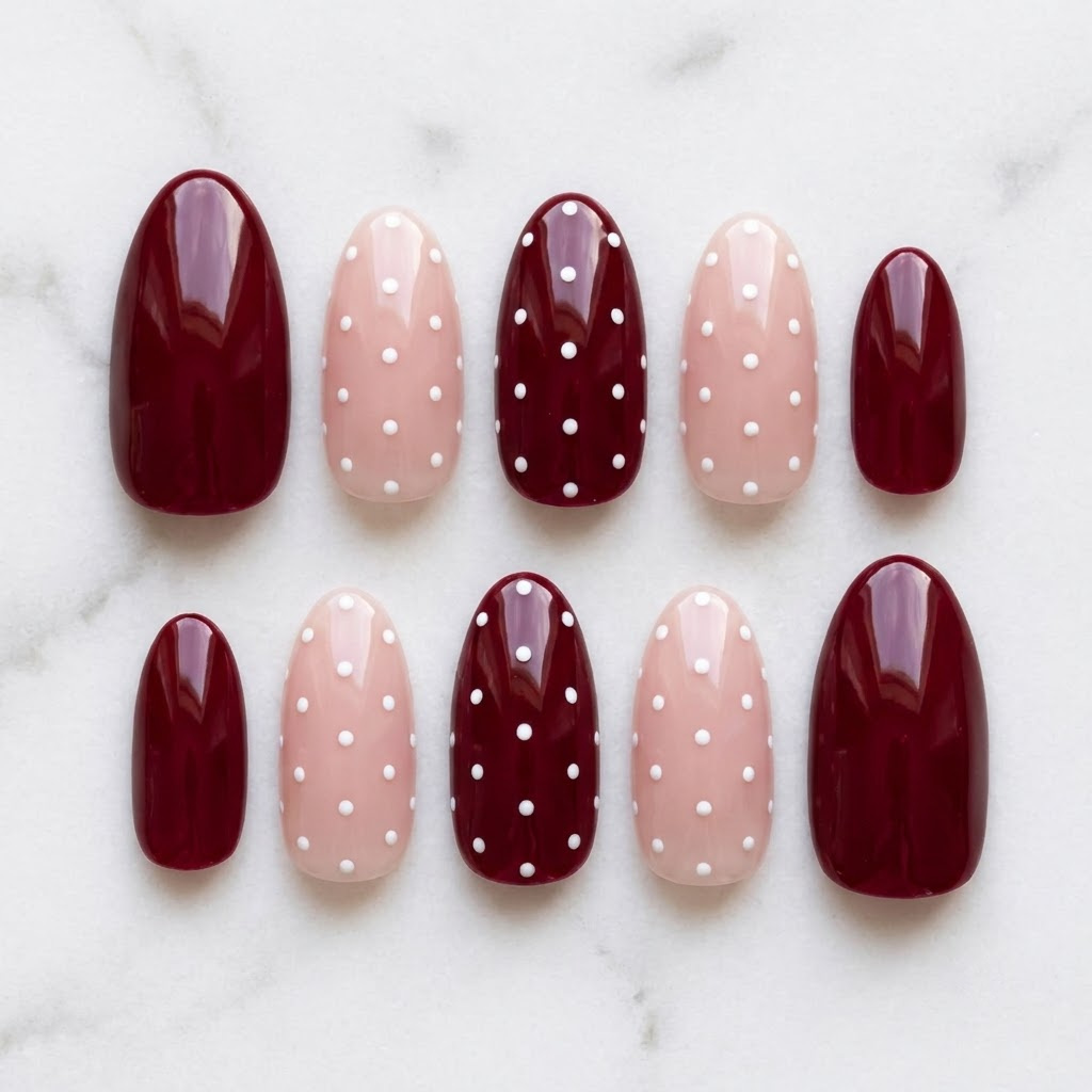Burgundy polka dot press on nails, ten almond nails in two mirrored rows