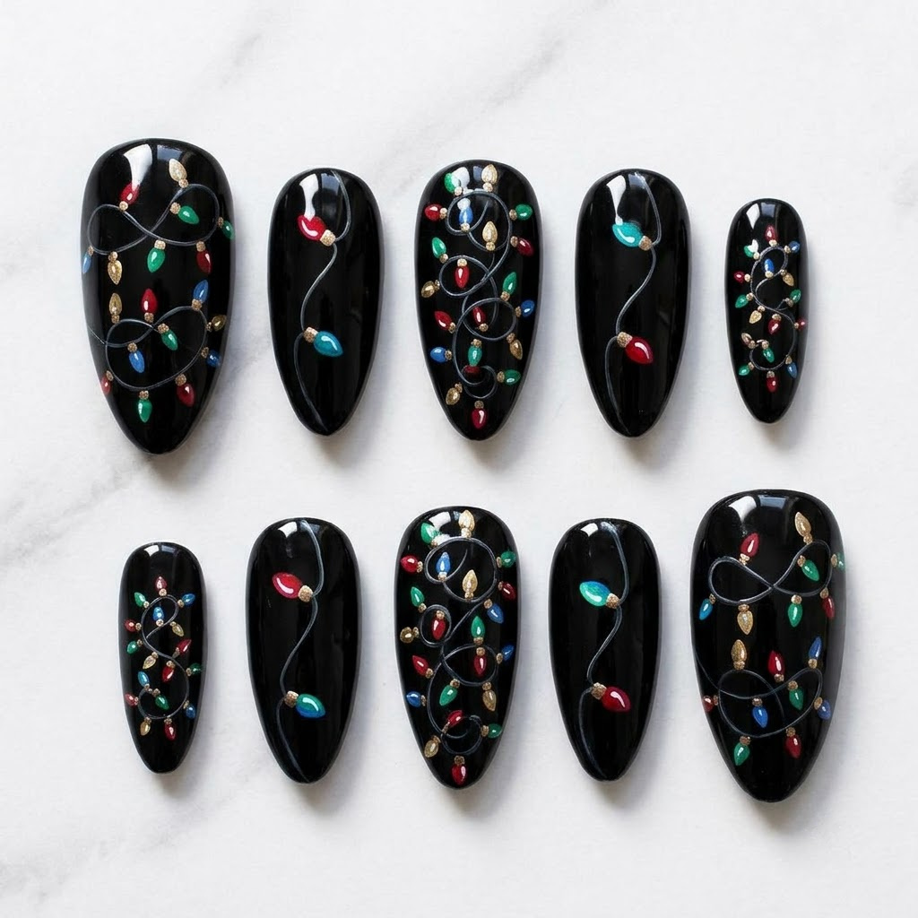 Christmas lights nails, ten black almond nails in two mirrored rows