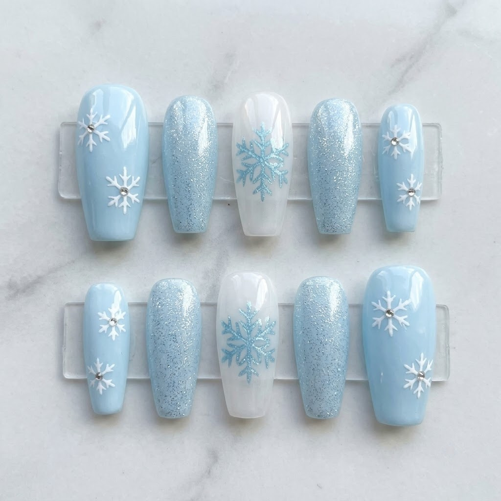 Winter wonderland nails, ten icy blue coffin nails in two mirrored rows