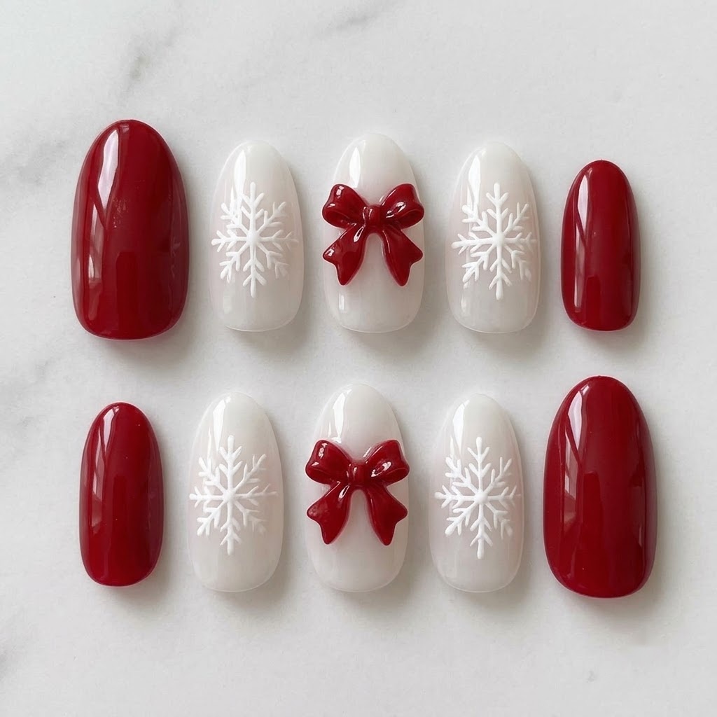 Red bow nails, ten red and white almond nails in two mirrored rows