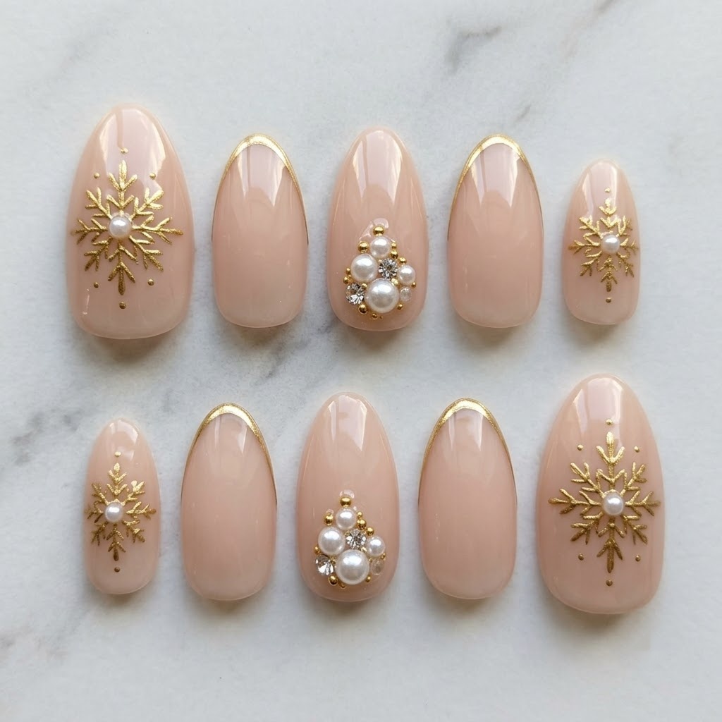 Gold pearl christmas nails, ten nude almond nails in two mirrored rows
