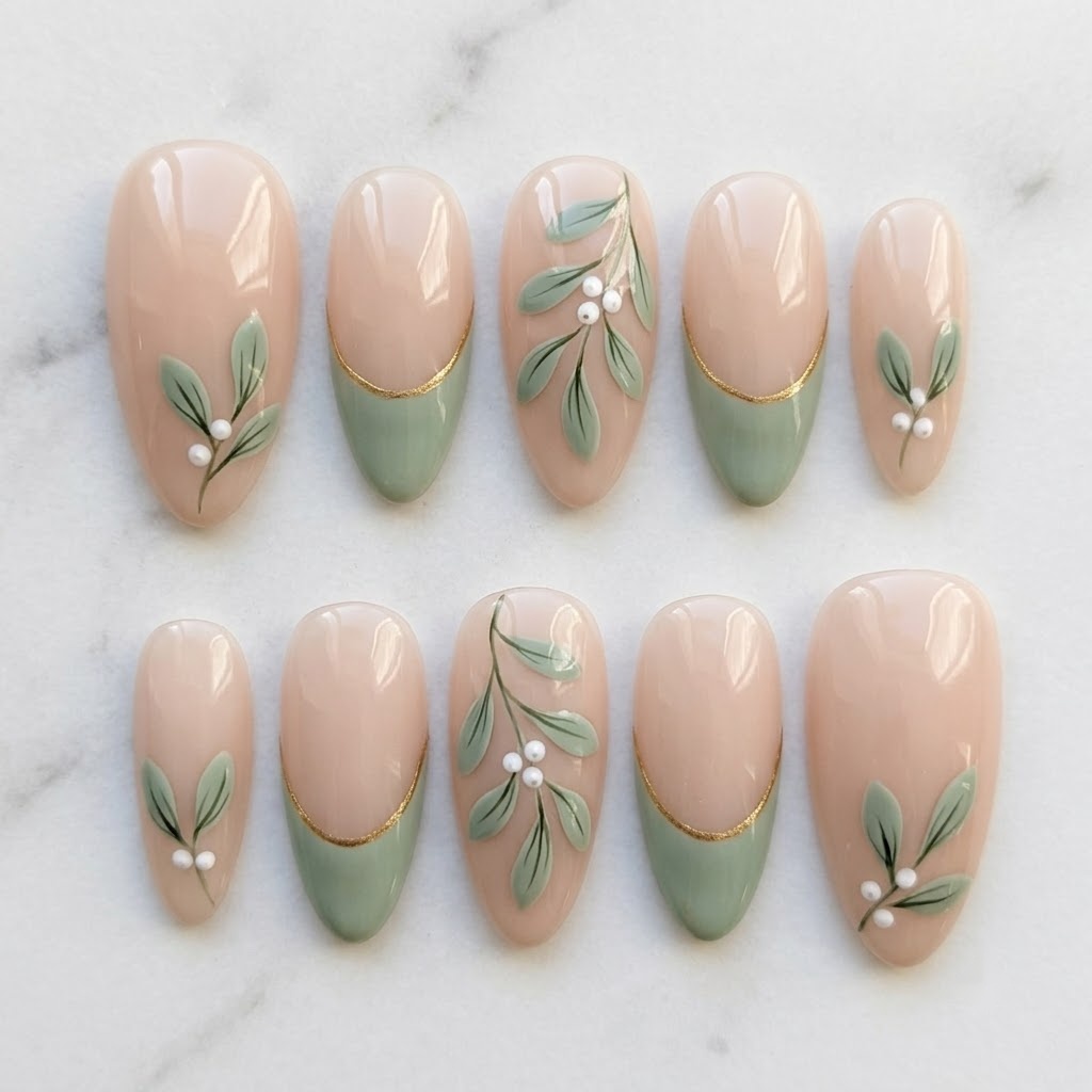 Mistletoe nails, ten nude and green almond nails in two mirrored rows