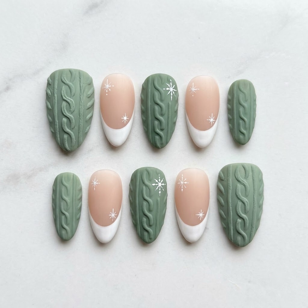Christmas sweater nails, ten sage knit almond nails in two mirrored rows