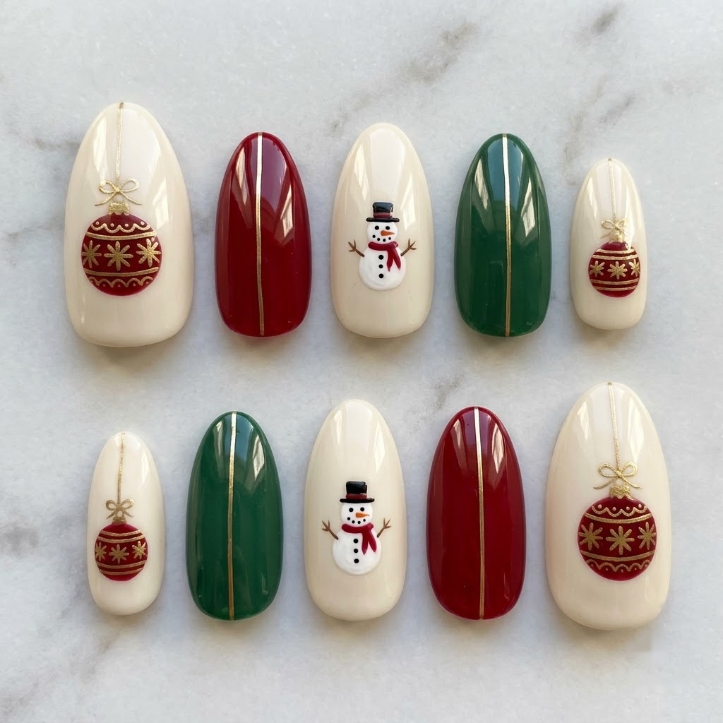 Vintage christmas nails, ten red green and cream almond nails in two mirrored rows