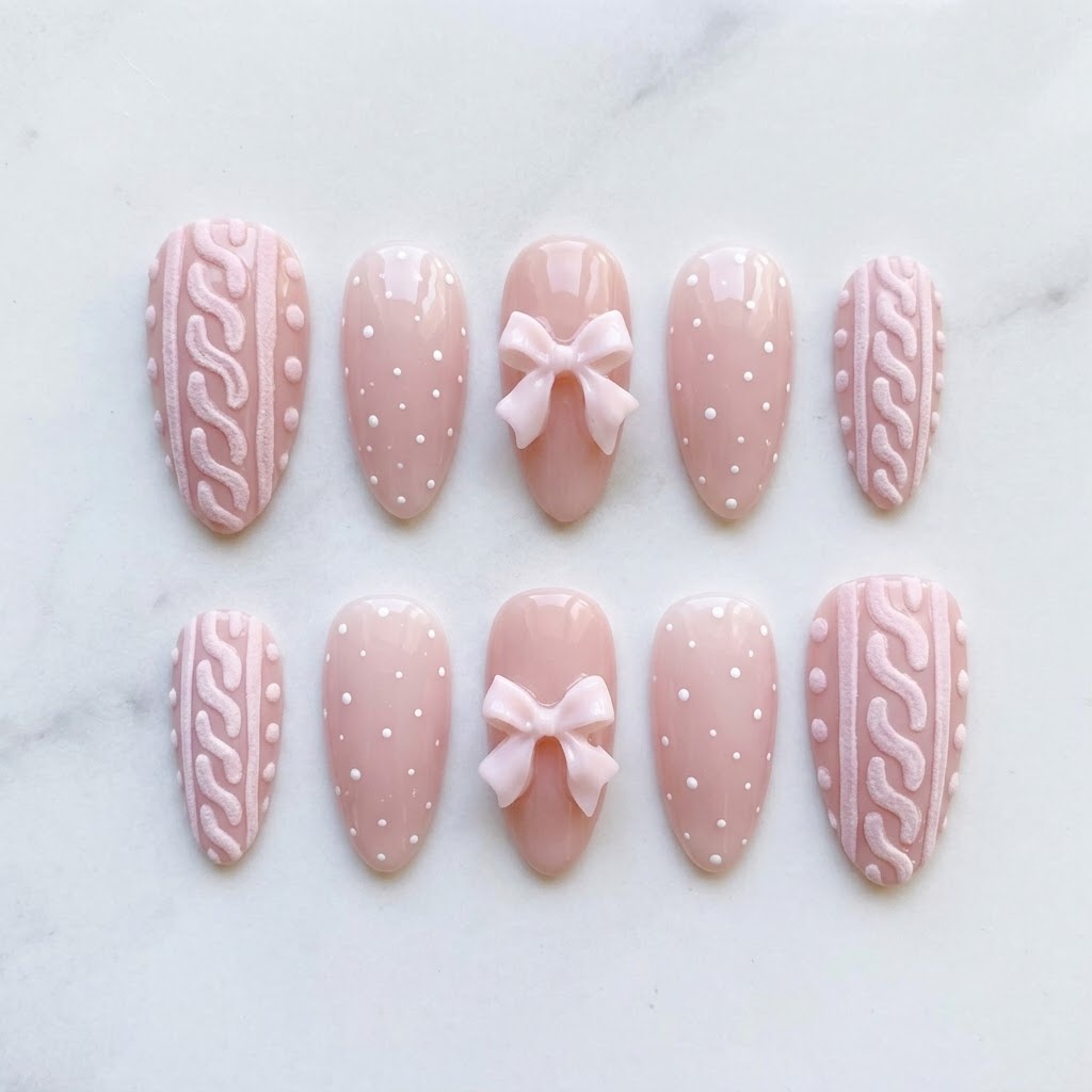 Pink christmas nails, ten blush almond nails in two mirrored rows