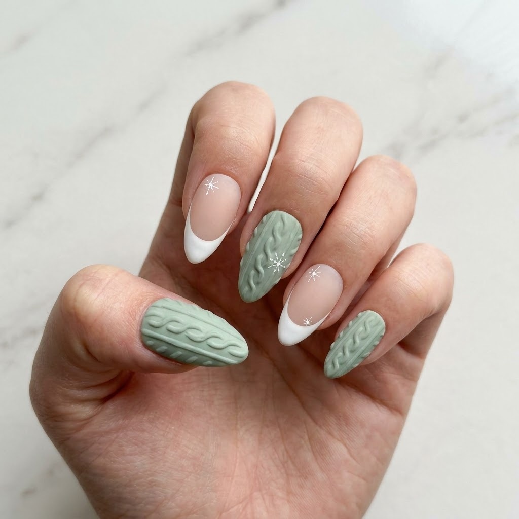 Hand wearing almond press-on nails with raised sage green cable knit texture and sheer nude nails with white French tips and tiny snowflakes