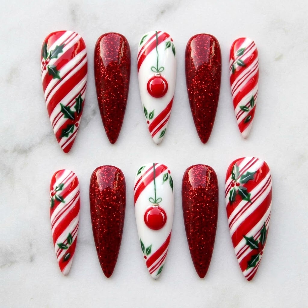 Candy cane nails, ten long stiletto press ons in two mirrored rows