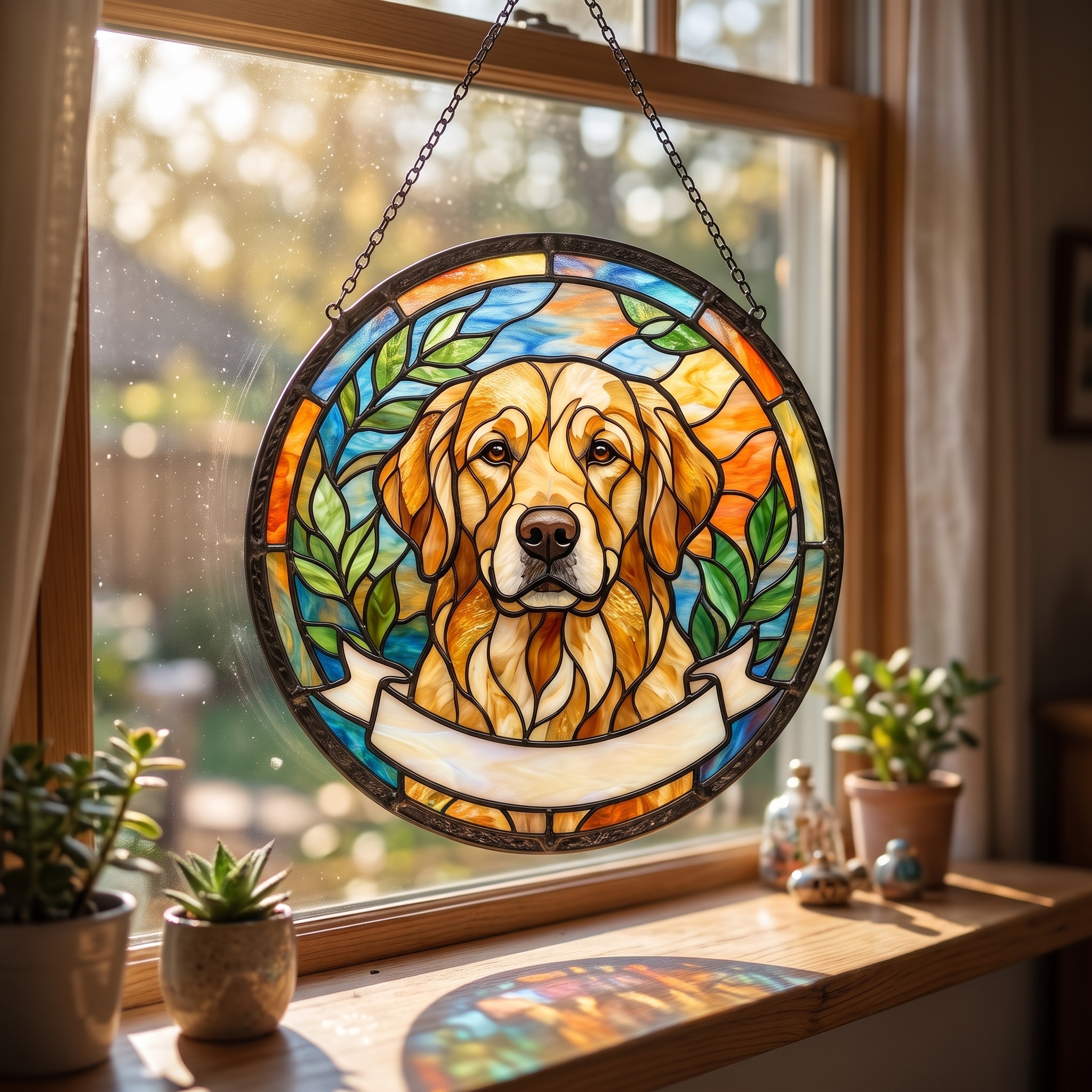 Personalized dog memorial suncatcher with a name banner glowing in morning window light