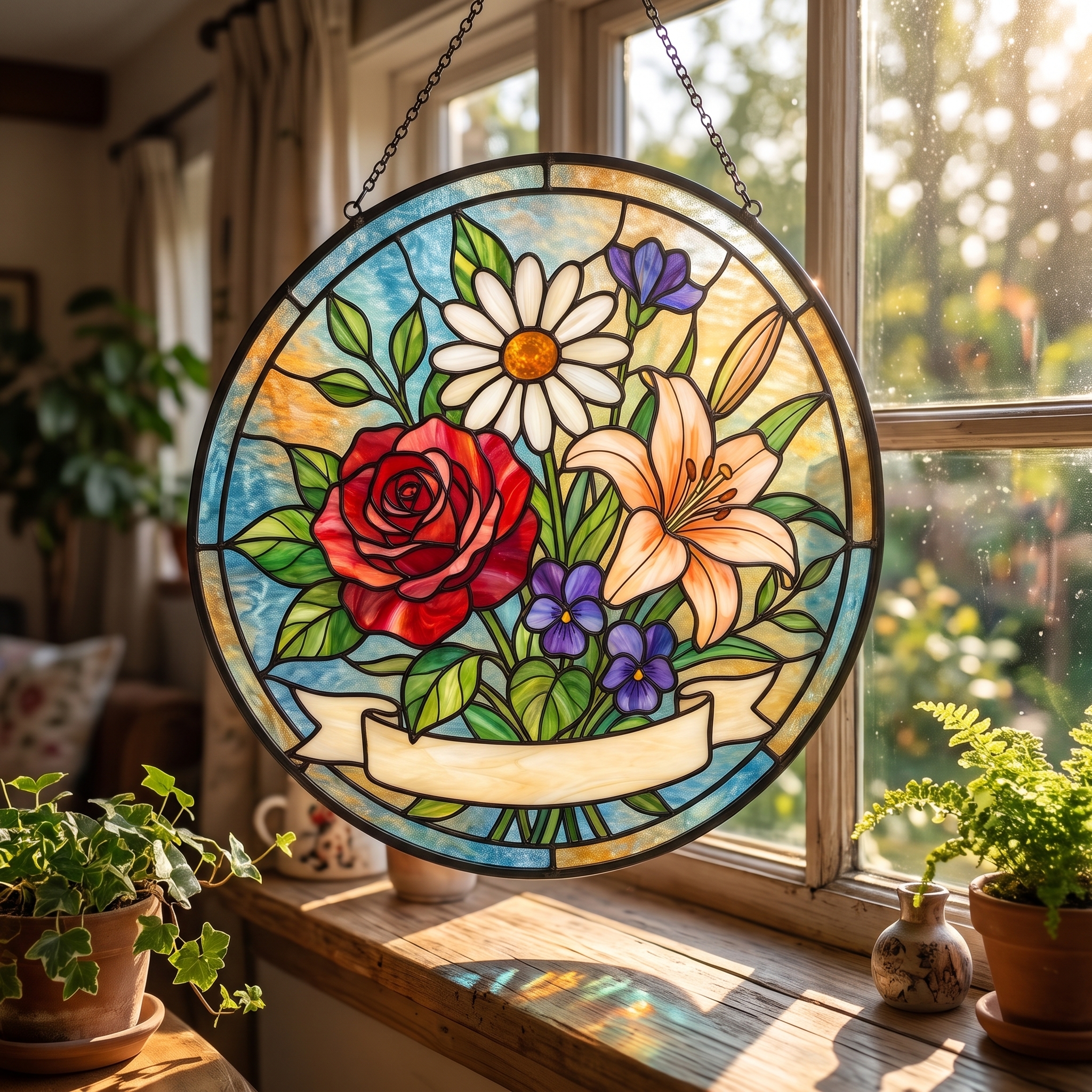 Birth flower suncatcher with personalized name hanging in a sunny window