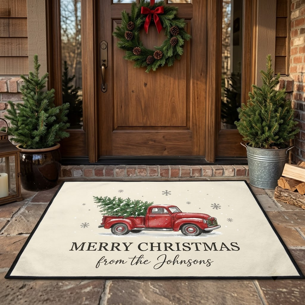 Personalized red truck Christmas doormat reading Merry Christmas from the Johnsons on a brick porch in front of a wooden door with a wreath