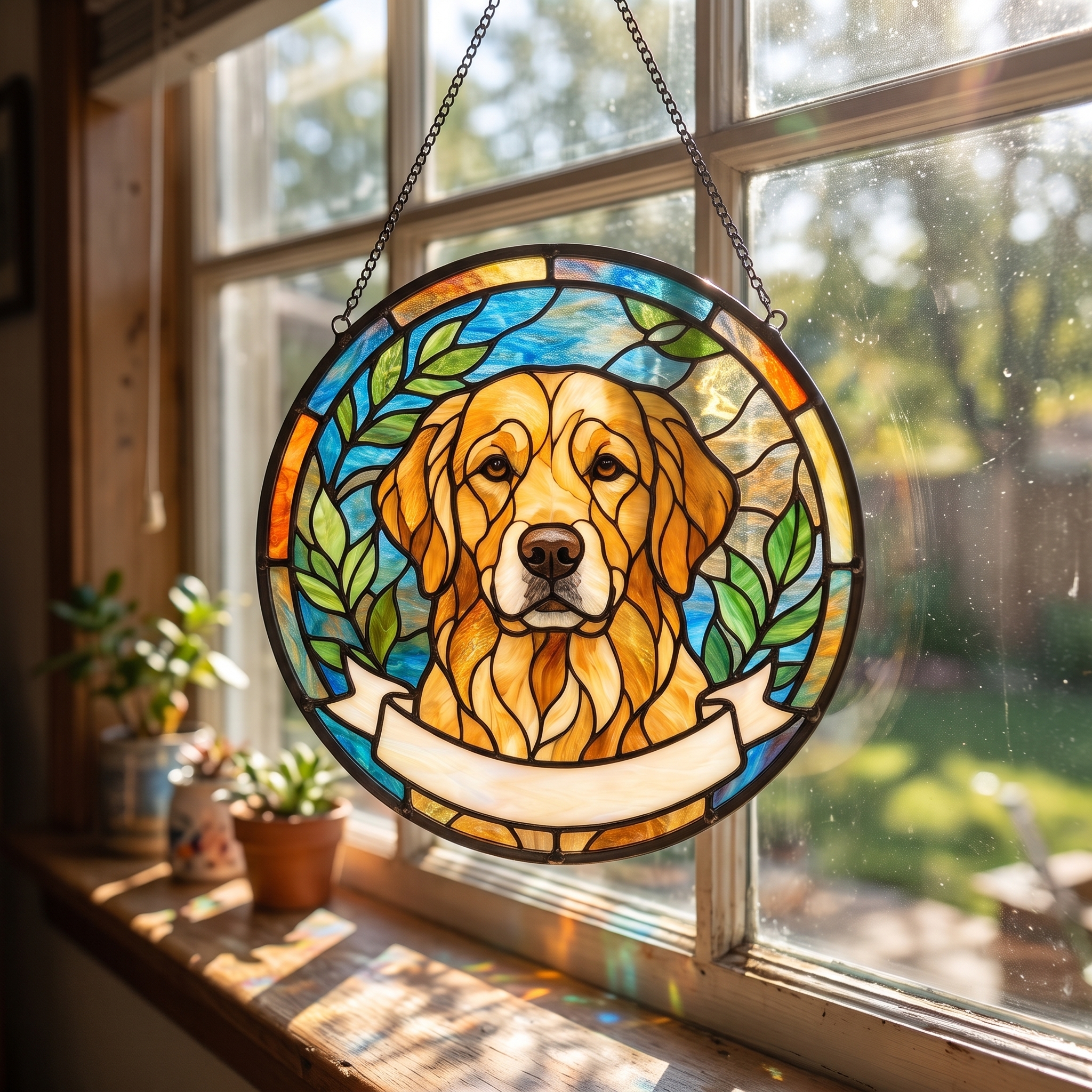 Pet memorial suncatcher with golden retriever hanging in a sunny window