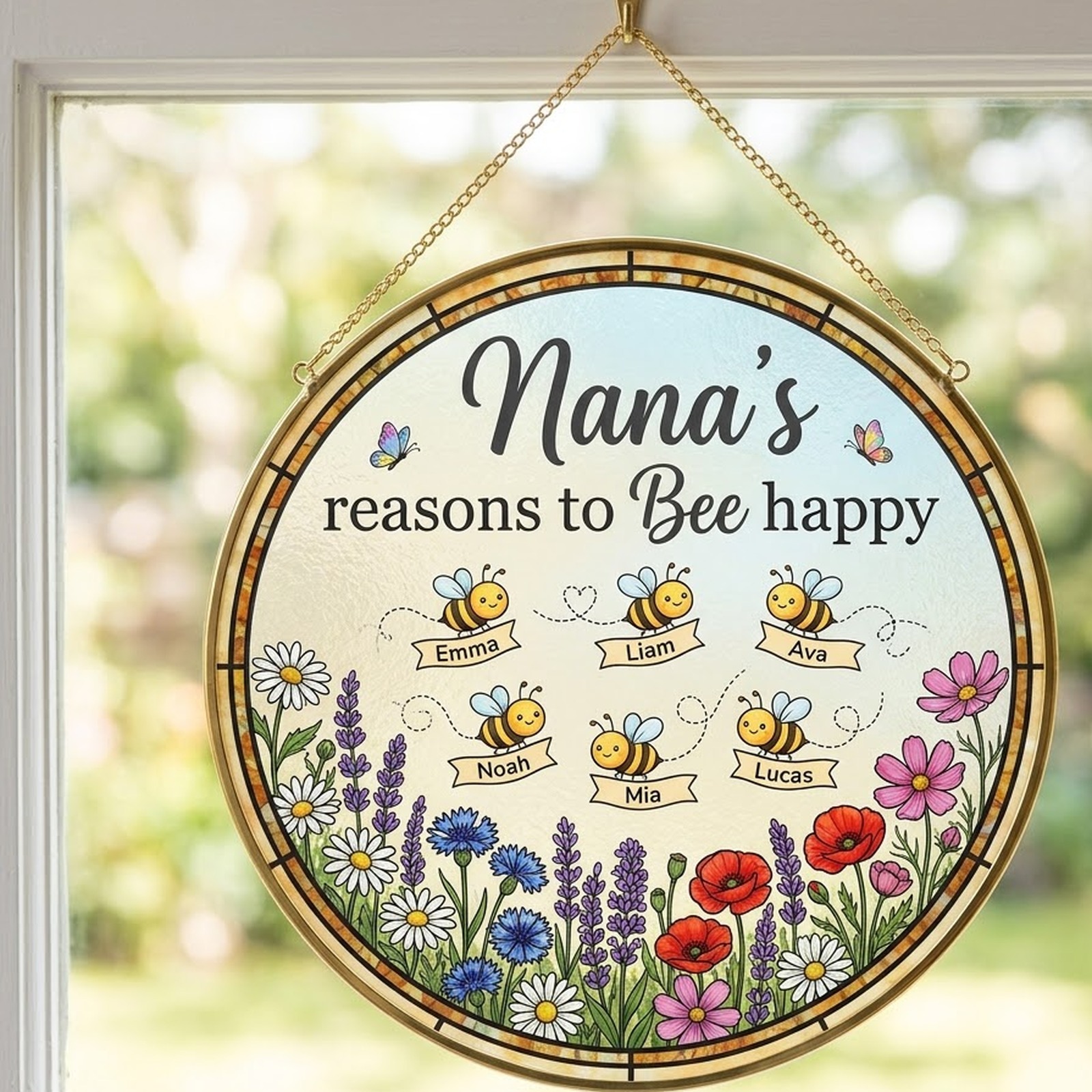 Nana suncatcher with bees named Emma, Liam, Ava, Noah, Mia and Lucas