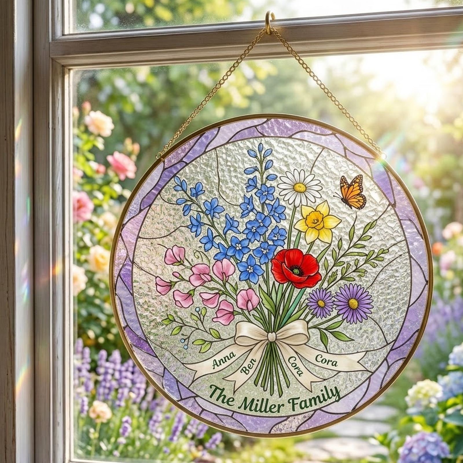 Family birth flower suncatcher bouquet with names hanging on a gold chain in a sunny window