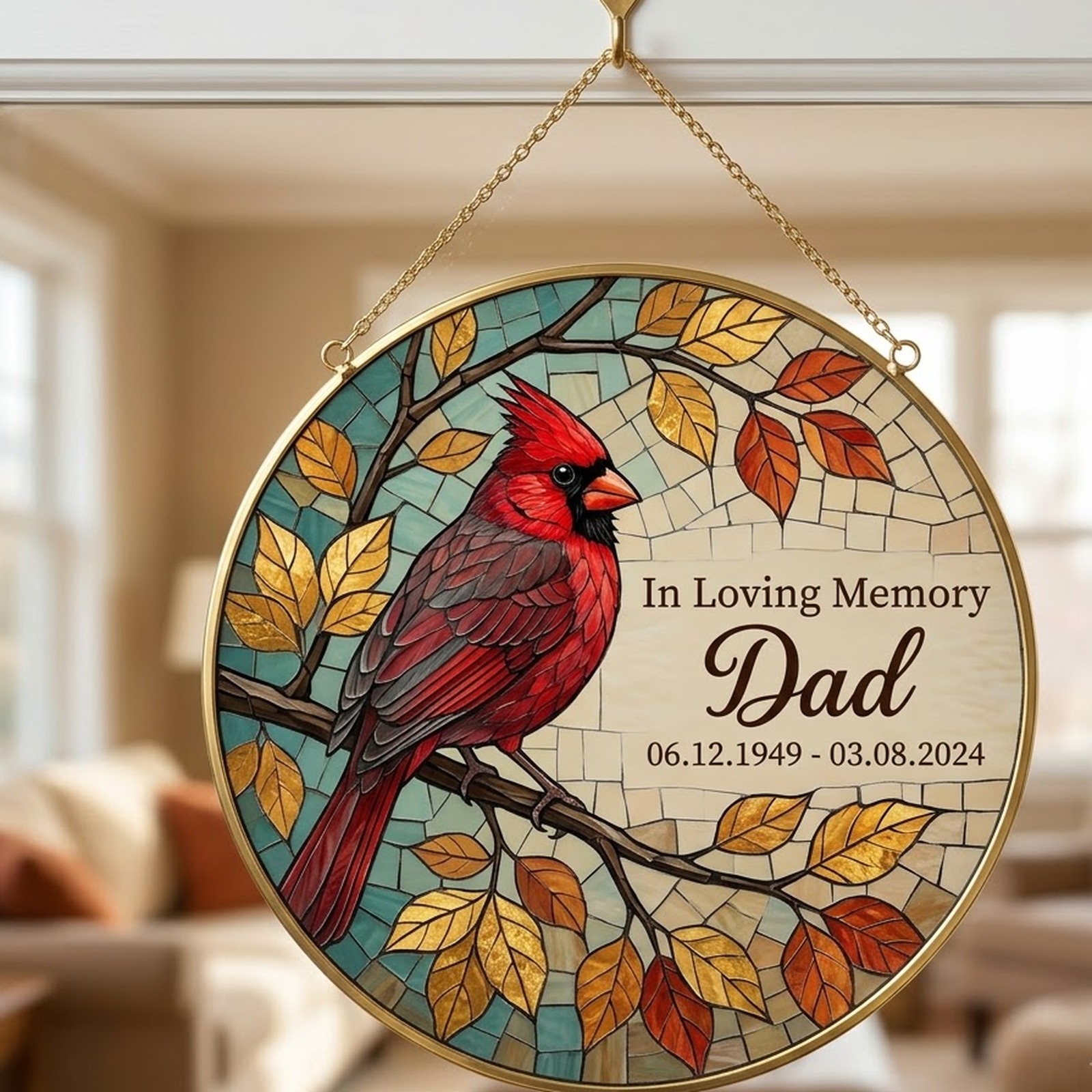 Mosaic cardinal memorial suncatcher In Loving Memory Dad 06.12.1949 - 03.08.2024 in a sunny window