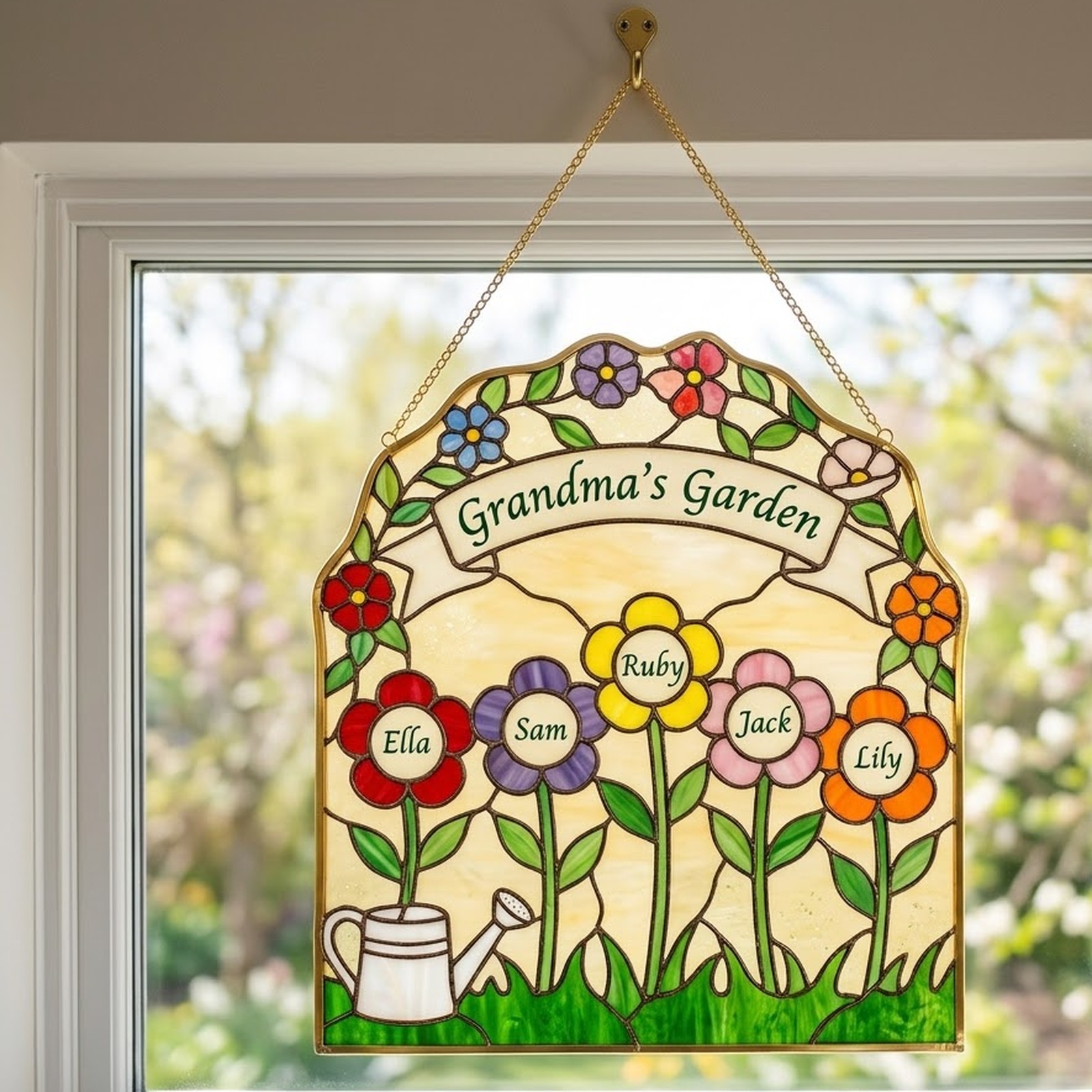 Grandma's Garden birth flower suncatcher hanging on a gold chain in a sunny window