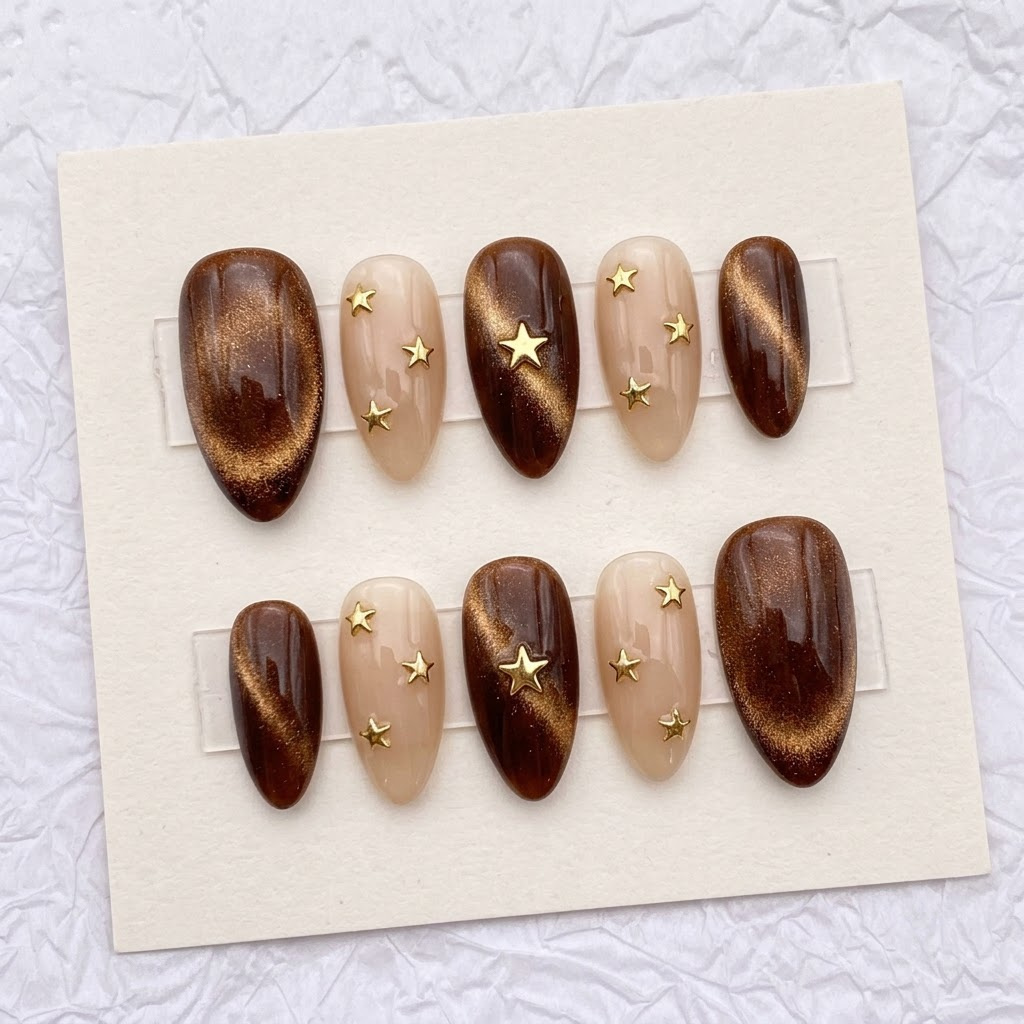 Brown cat eye nails, ten almond nails in two mirrored rows