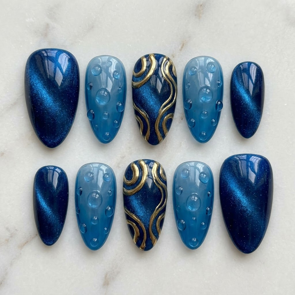 Blue cat eye nails, ten almond nails in two mirrored rows