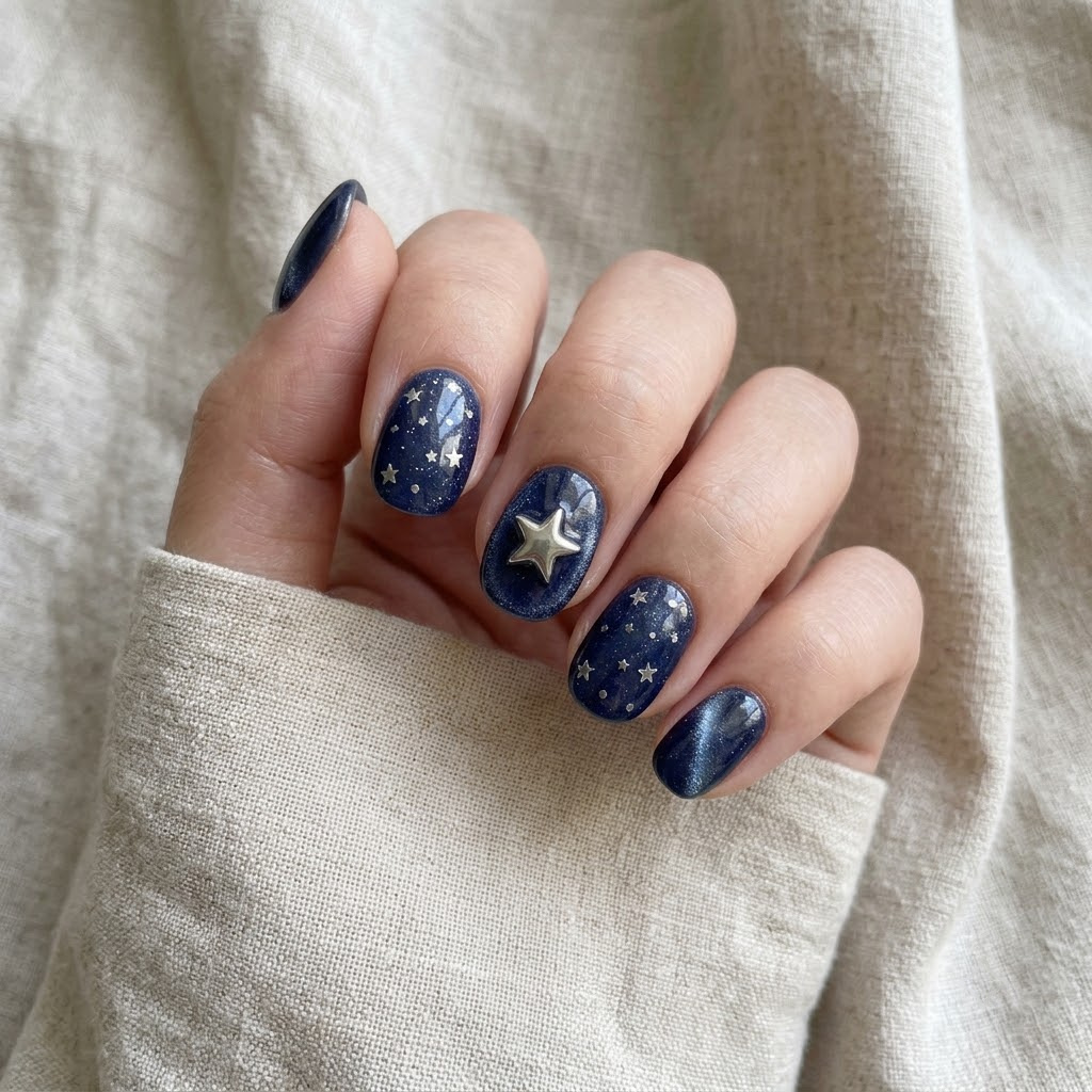 Hand wearing short round navy cat-eye press-on nails with tiny silver star dots and a raised silver chrome star on the middle nail