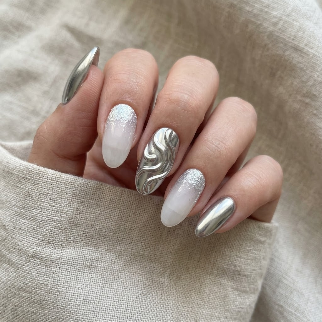 Hand wearing almond press-on nails in silver mirror chrome and milky white with frosted silver glitter tips and a raised chrome swirl