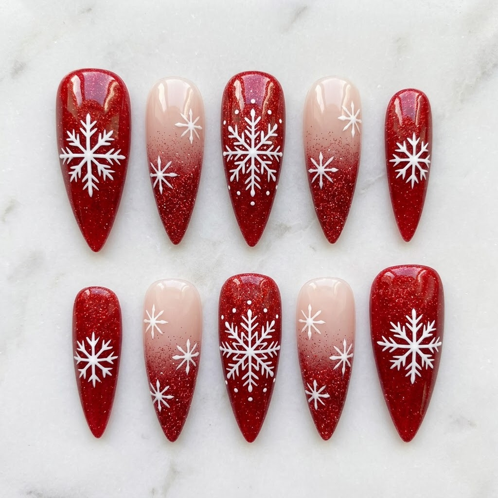 Red snowflake nails, ten long stiletto nails in two mirrored rows on white marble