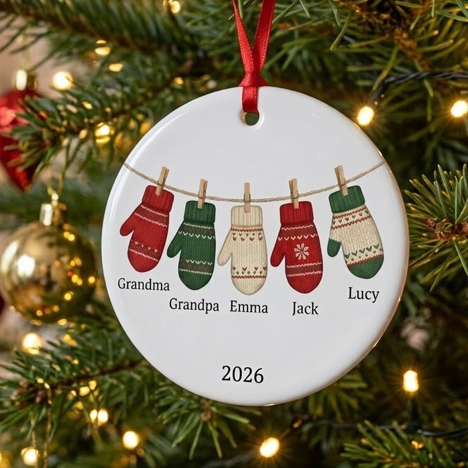 Ceramic family mittens ornament with five knit mittens on a clothesline labeled Grandma, Grandpa, Emma, Jack and Lucy above 2026