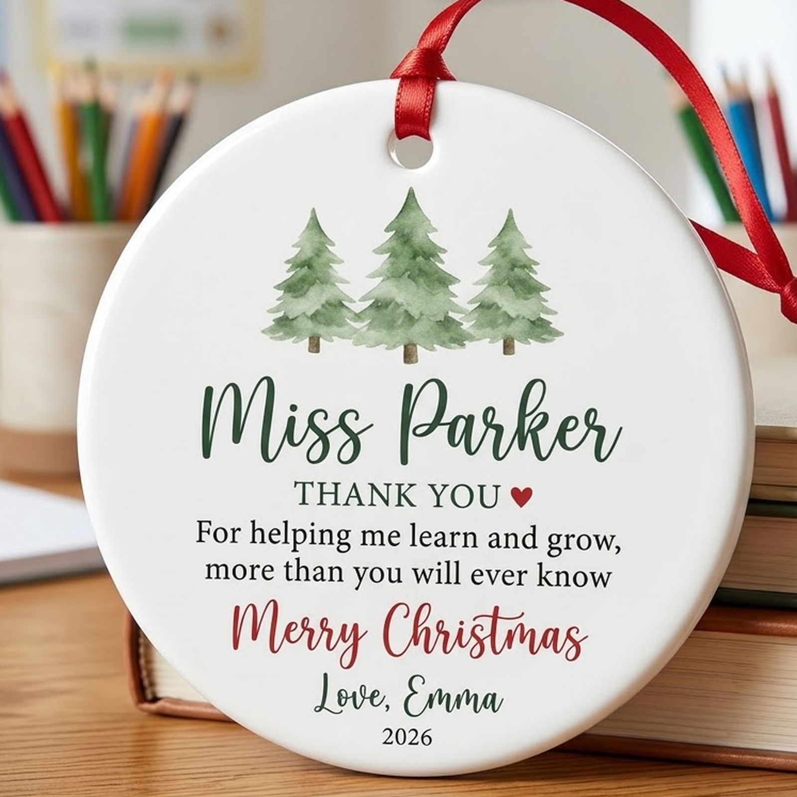 Teacher christmas ornament in white ceramic with watercolor pine trees