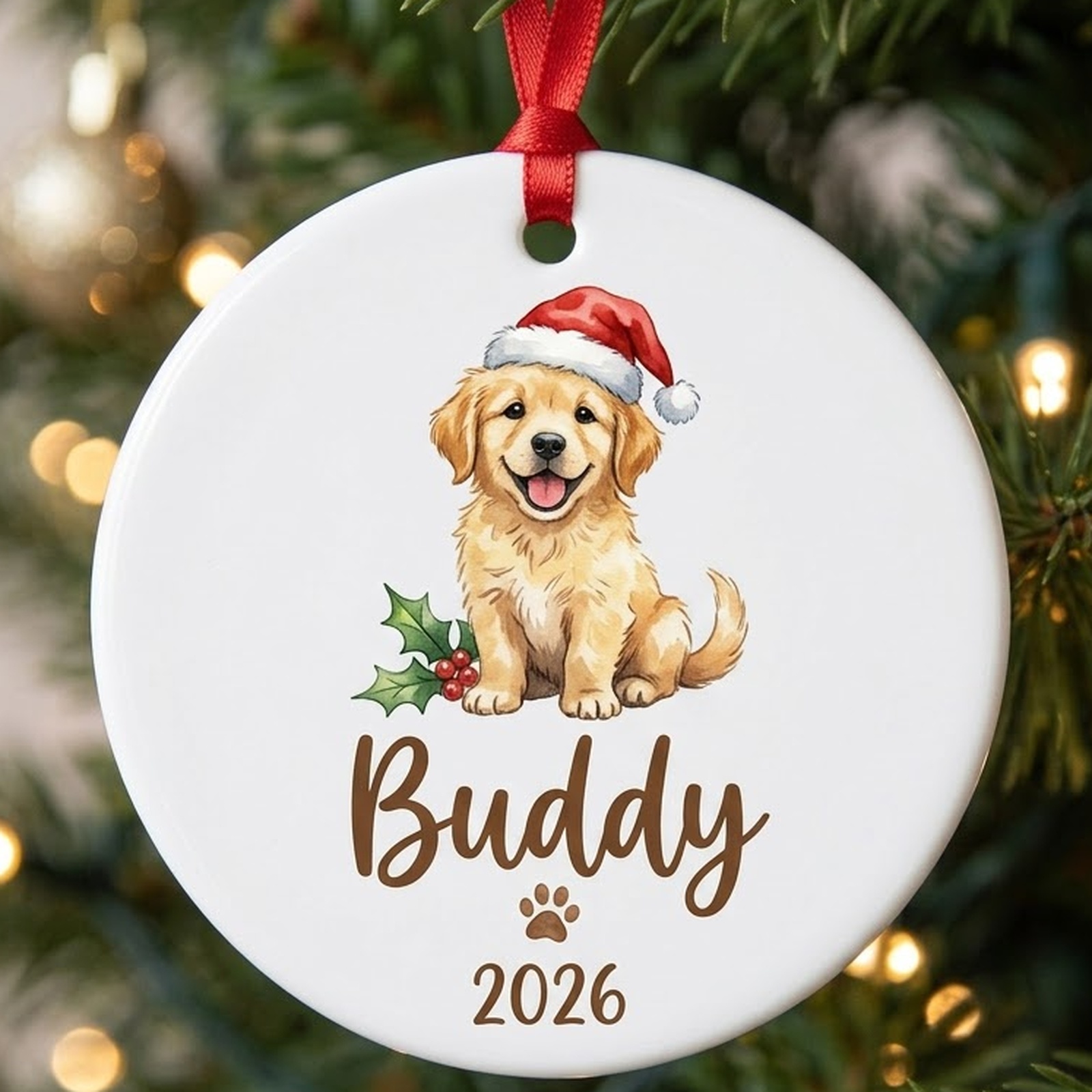 Dog name christmas ornament in white ceramic with Santa hat puppy