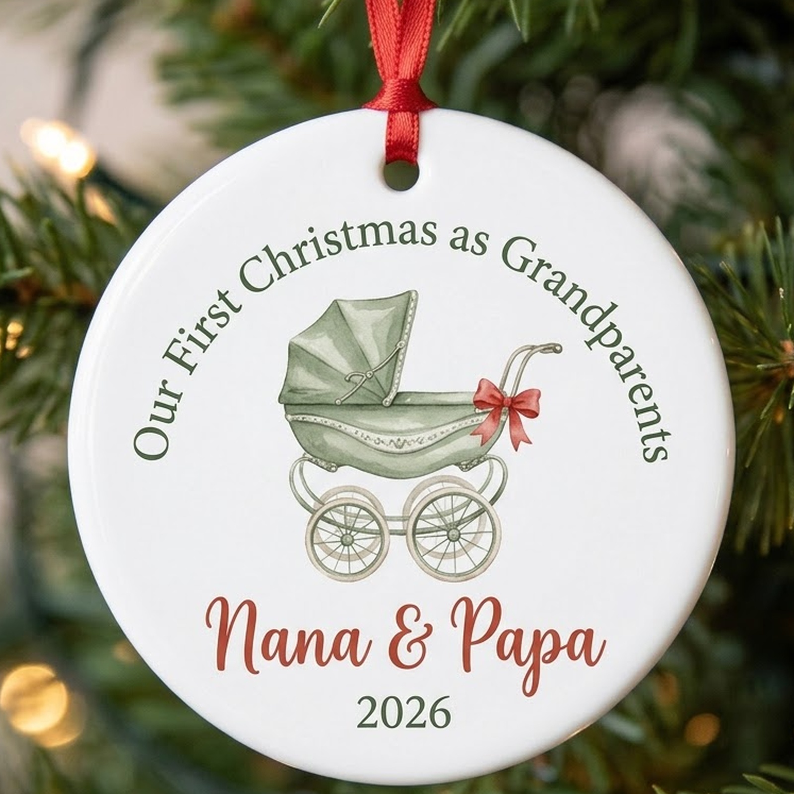 First christmas as grandparents ornament in white ceramic with baby carriage