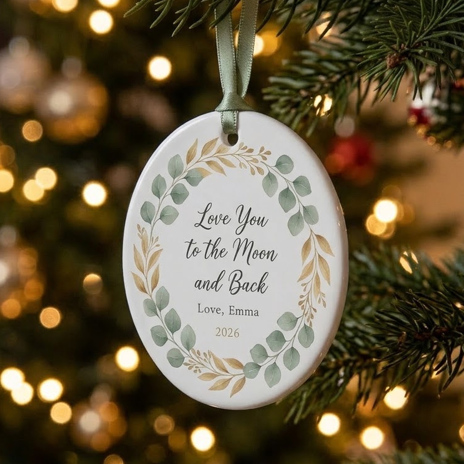 Custom message ornament in white ceramic with eucalyptus wreath
