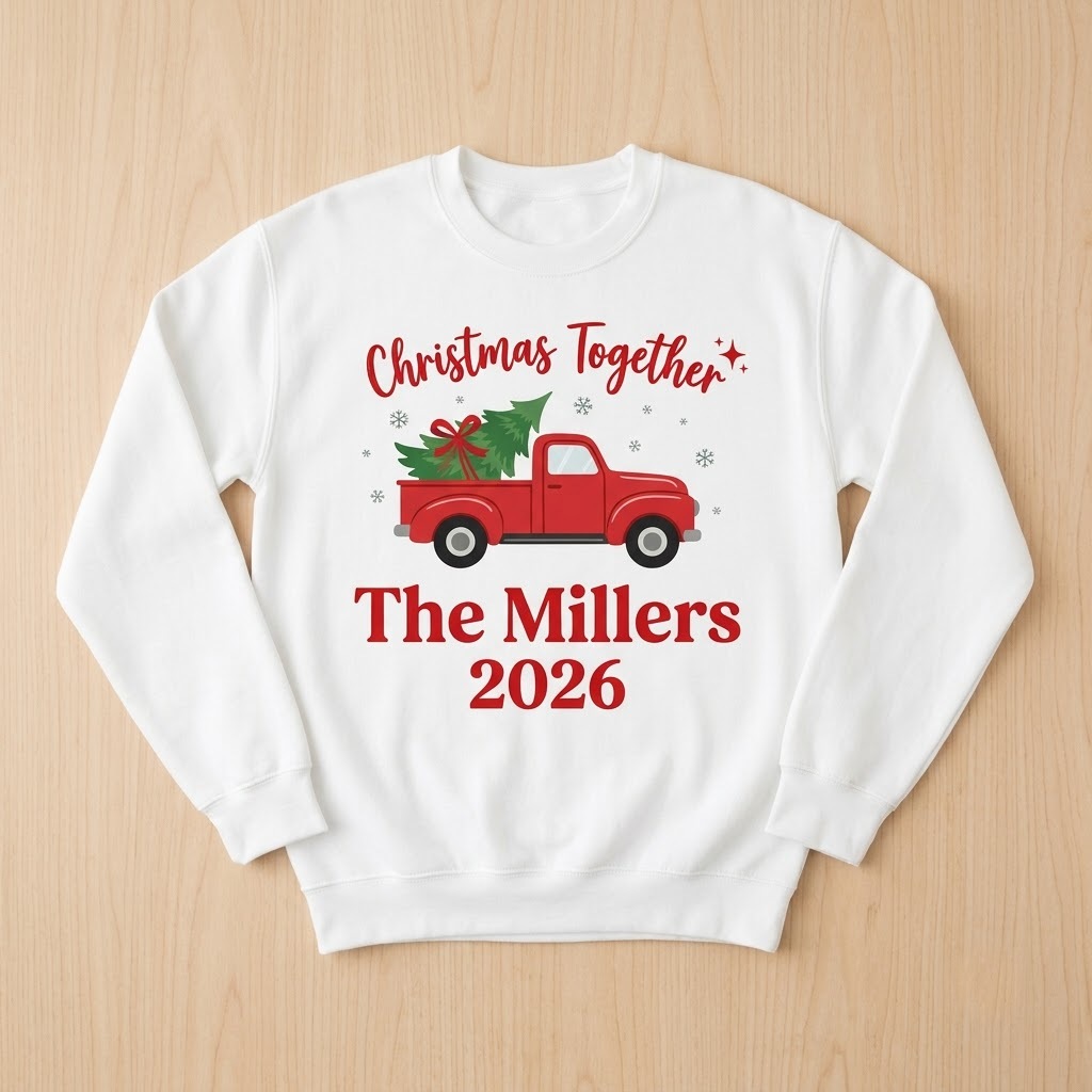 White family Christmas sweatshirt laid flat on light wood with red truck and The Millers