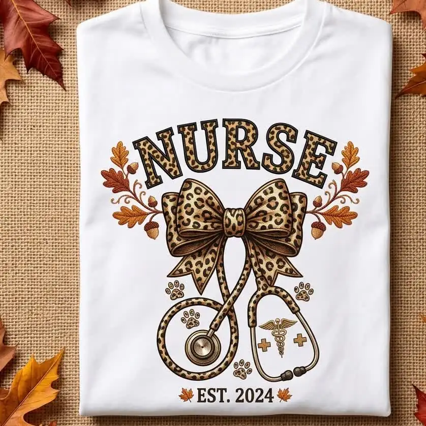 Nurse t-shirt in white with leopard bow and stethoscope print